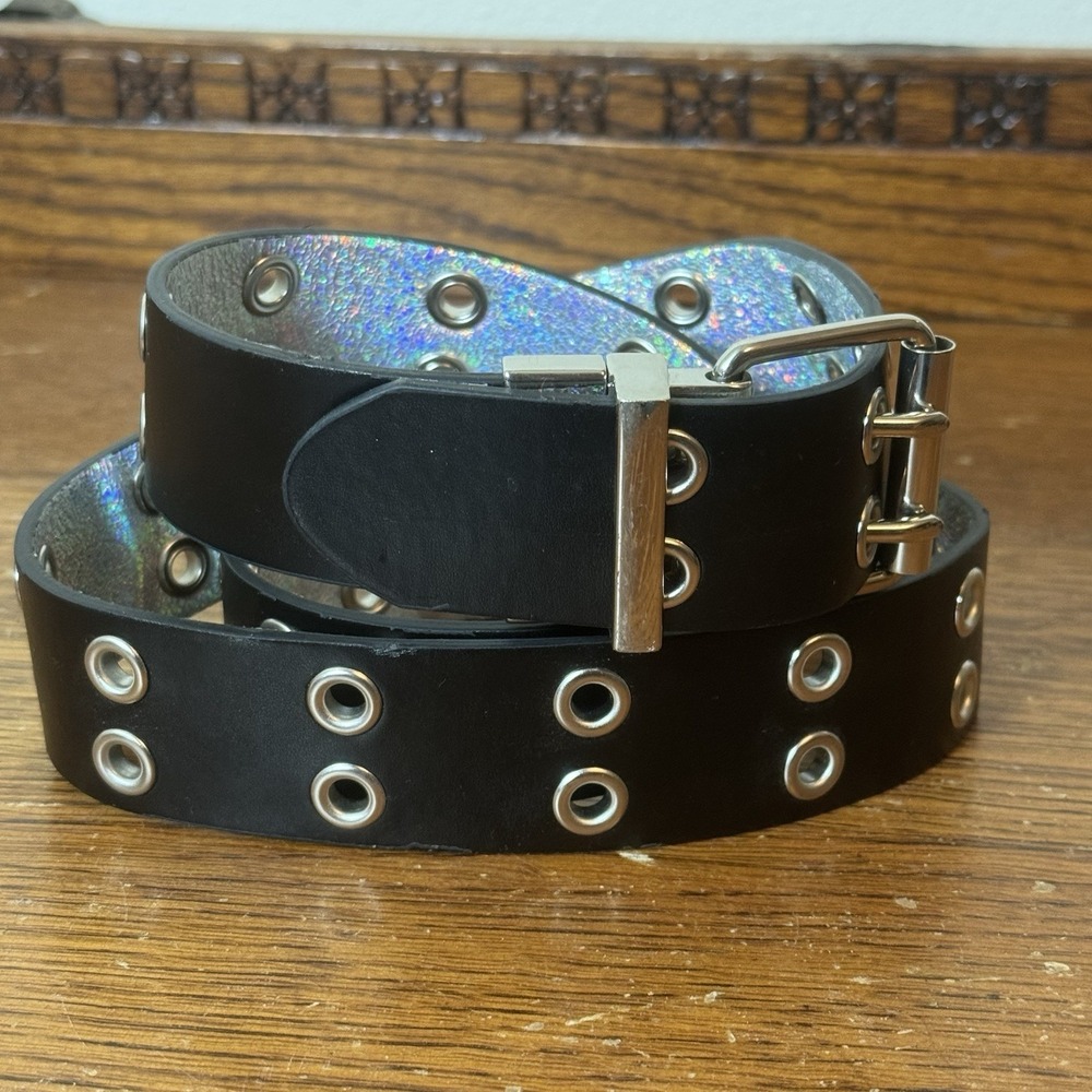 Reversible Holographic & Black Grommet Belt 45" Long 1.5" Wide Double Prong xxl